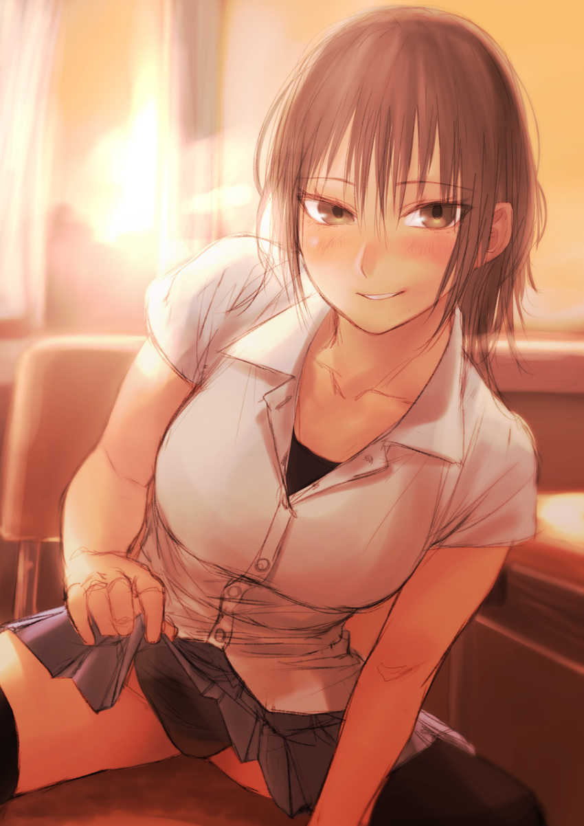 1girl black_legwear black_swimsuit blush breasts brown_eyes brown_hair classroom clothes_lift collared_shirt competition_swimsuit grey_skirt highres indoors kilye_kairi large_breasts lifted_by_self looking_at_viewer one-piece_swimsuit original school_uniform shirt skirt skirt_lift smile solo swimsuit swimsuit_under_clothes thigh-highs white_shirt wing_collar