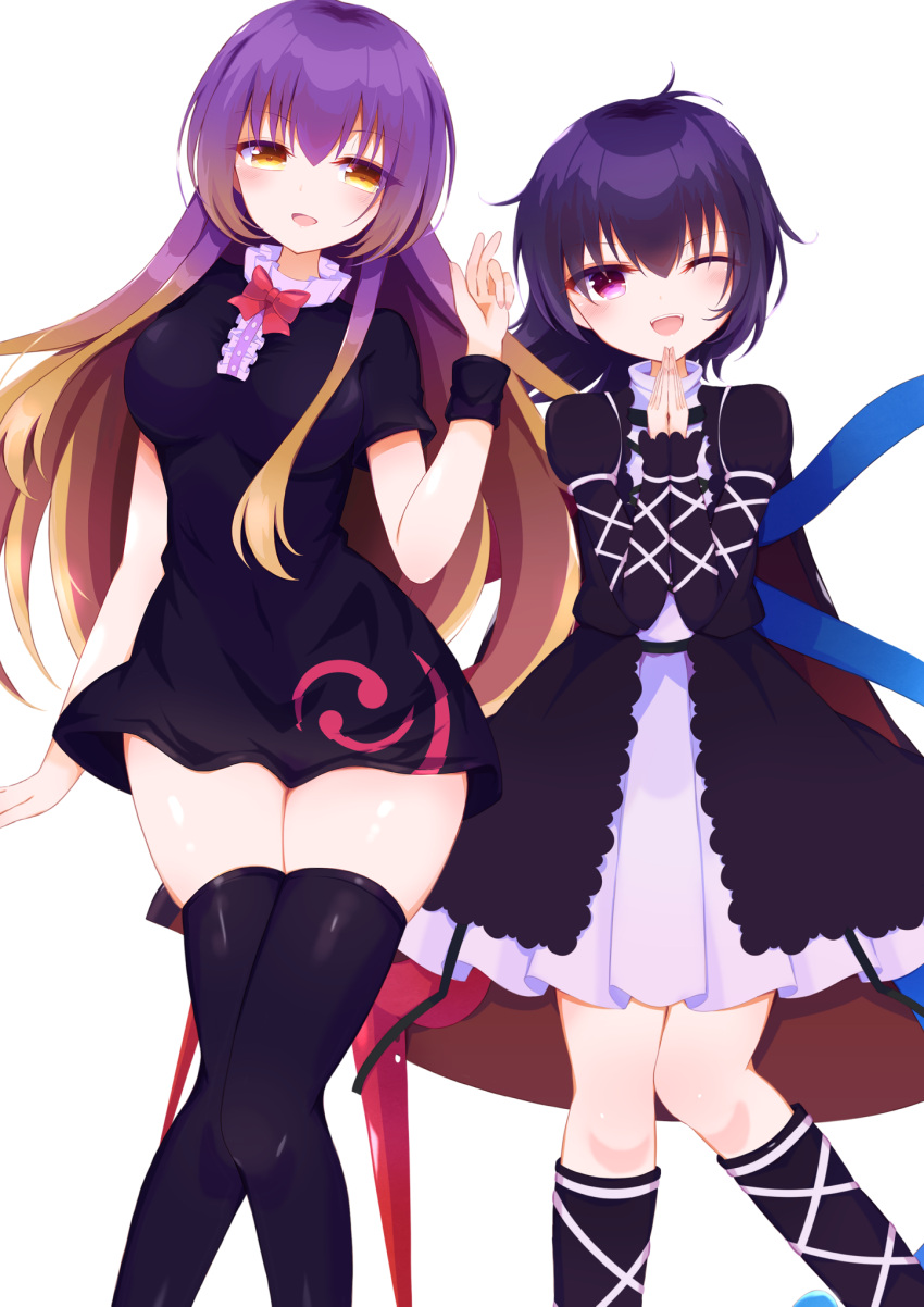 2girls bangs black_dress black_footwear black_hair black_legwear black_sleeves blonde_hair boots bow breasts cloak cosplay costume_switch dress eyebrows_visible_through_hair eyes_visible_through_hair hair_between_eyes hand_up hands_together hands_up highres hijiri_byakuren hijiri_byakuren_(cosplay) houjuu_nue houjuu_nue_(cosplay) long_hair long_sleeves looking_at_viewer medium_breasts multicolored_hair multiple_girls no_hat no_headwear one_eye_closed open_mouth pink_eyes purple_hair red_bow red_neckwear short_hair simple_background smile thigh-highs tomoe_(fdhs5855) touhou white_background white_dress wristband yellow_eyes