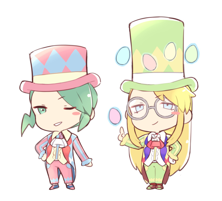 2boys avery_(pokemon) blonde_hair blue_eyes blush_stickers burgh_(pokemon) burgh_(pokemon)_(cosplay) chibi closed_mouth commentary_request cosplay cravat egg eyebrows_visible_through_hair floating floating_object glasses gloves green_eyes green_hair green_pants hand_on_hip hat highres long_hair long_sleeves male_focus multiple_boys one_eye_closed pants parted_lips pink_headwear pink_pants pokemon pokemon_(game) pokemon_masters_ex pokemon_oras pokemon_swsh round_eyewear shoes simple_background single_glove smile socks standing tailcoat telekinesis top_hat tudurimike wallace_(pokemon) white_background white_gloves white_neckwear