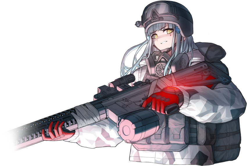 1girl ammunition_pouch assault_rifle backpack bag blush camouflage camouflage_jacket cheogtanbyeong eyebrows_visible_through_hair eyewear eyewear_on_head facial_mark gas_mask girls_frontline gloves glowing goggles goggles_on_head gun h&amp;k_hk416 hair_ornament helmet highres hk416_(fang)_(girls_frontline) hk416_(girls_frontline) holding holding_gun holding_weapon jacket long_hair looking_at_viewer mask mask_removed military military_uniform pouch red_gloves rifle solo uniform upper_body weapon white_hair winter_uniform yellow_eyes