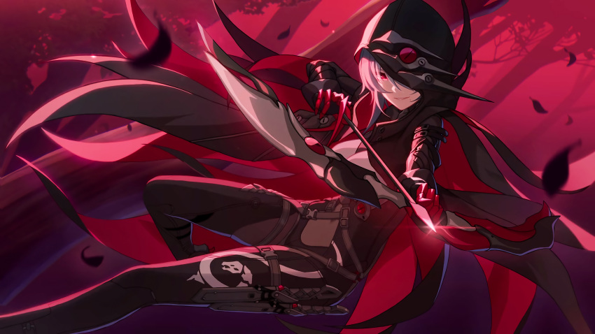 1girl aiming_at_viewer arrow_(symbol) bangs black_hoodie bow_(weapon) claws elbow_gloves forest gloves grey_hair hair_over_one_eye highres holding holding_bow_(weapon) holding_weapon honkai_(series) honkai_impact_3rd hood hoodie leaf long_sleeves looking_at_viewer nature official_art raven_(honkai_impact_3rd) red_eyes red_gloves red_skirt skirt smile solo teeth tree weapon
