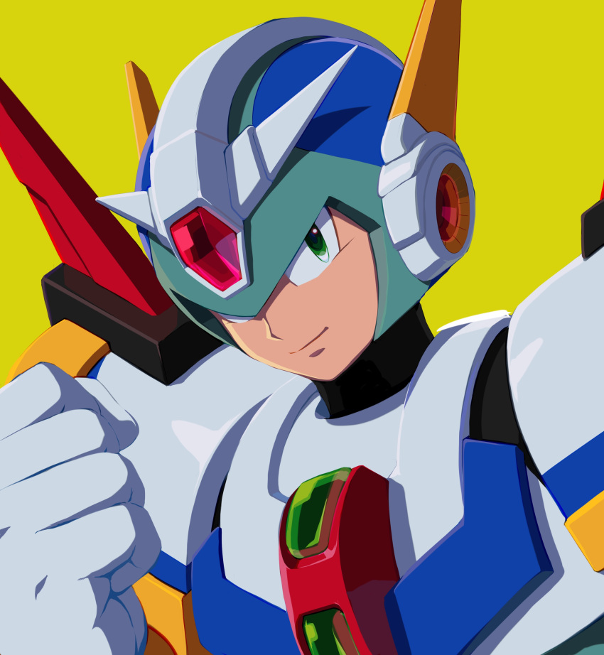 1boy absurdres android armor blue_headwear closed_mouth commentary_request gloves green_eyes hand_up helmet highres hoshi_mikan looking_at_viewer male_focus mega_man_(series) mega_man_x4 mega_man_x_(character) mega_man_x_(series) portrait robot_ears simple_background smile solo white_gloves yellow_background