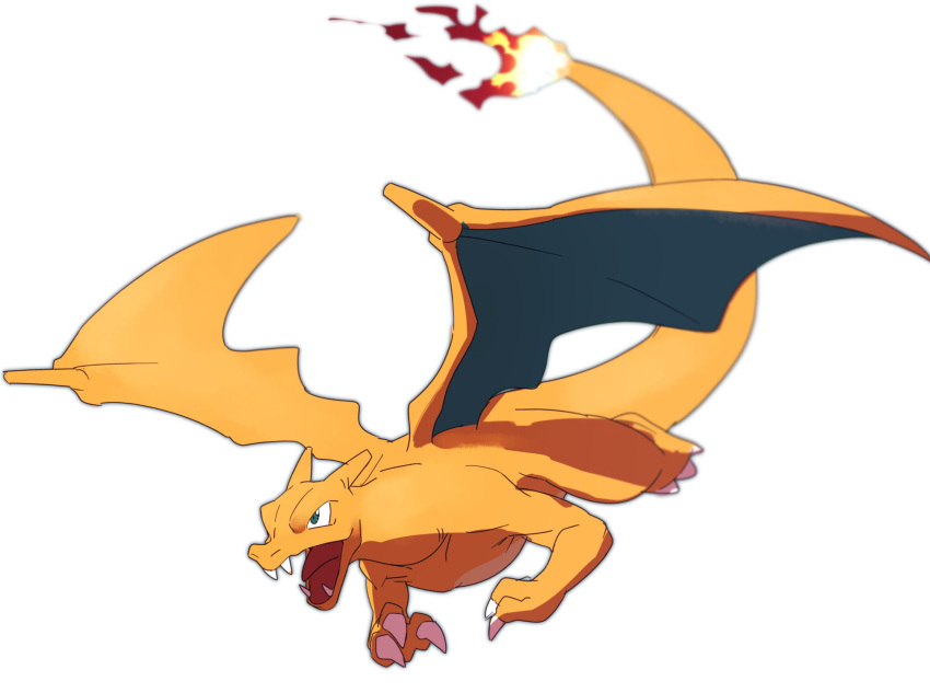 blurry charizard claws commentary_request fangs fire flame flying gen_1_pokemon green_eyes highres morio_(poke_orio) no_humans open_mouth pokemon pokemon_(creature) simple_background solo tongue white_background