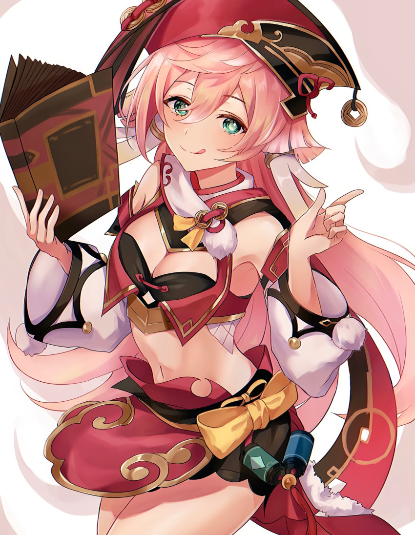 1girl :d antlers aqua_eyes bare_shoulders book commentary_request detached_sleeves genshin_impact hat highres holding holding_book horns index_finger_raised long_hair long_sleeves midriff navel noi_(noi_nonnon) open_mouth pink_hair puffy_sleeves red_headwear scarf smile solo tongue tongue_out yanfei_(genshin_impact)