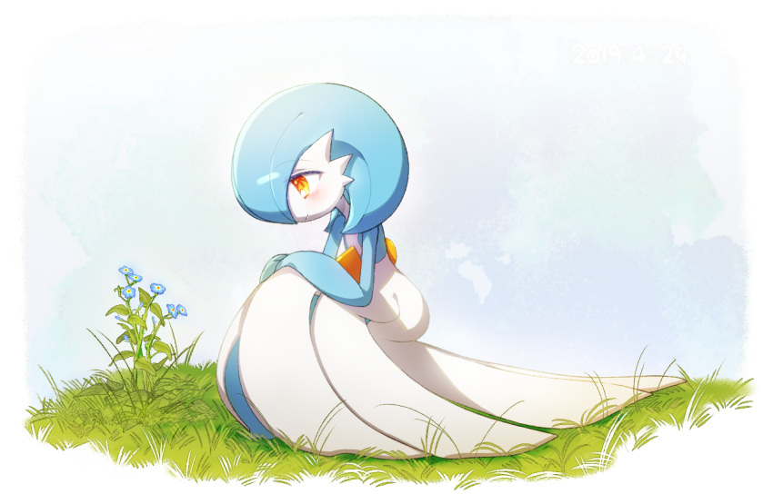 1girl alternate_color bangs blue_background blue_flower blue_hair blue_skin blue_sky blush bob_cut closed_mouth colored_skin commentary day eyebrows_visible_through_hair flat_chest flower from_side full_body gardevoir gen_3_pokemon grass half-closed_eyes hands_on_own_knees hands_together happy looking_down lotosu multicolored multicolored_skin orange_eyes outdoors pokemon pokemon_(creature) profile shiny shiny_hair shiny_pokemon short_hair simple_background sky smile solo squatting two-tone_skin white_skin