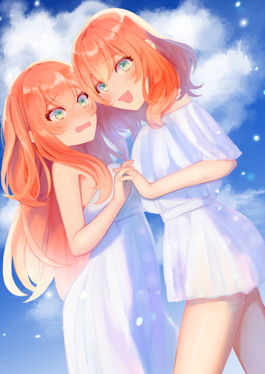 2girls asymmetrical_docking bangs breast_press breasts clouds dress embarrassed eyebrows_visible_through_hair hair_behind_ear highres holding_hands long_hair looking_at_viewer medium_breasts medium_hair multiple_girls off-shoulder_dress off_shoulder open_mouth orange_hair original sakura_ai siblings sky smile twins white_dress