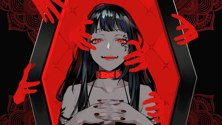 1girl bangs bare_shoulders black_nails character_request collar collarbone commentary_request disembodied_limb eye_(vocaloid) fingernails hands_clasped highres interlocked_fingers lam_(ramdayo) long_hair nail_polish official_art open_mouth own_hands_together red_collar red_eyes red_theme solo_focus teeth tongue vocaloid