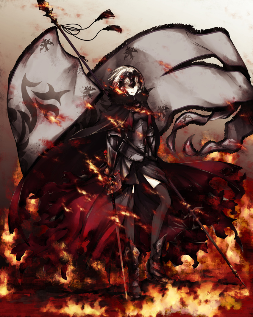 1girl armor armored_boots armored_dress banner black_cape black_dress black_footwear black_legwear boots cape closed_mouth dress fate/grand_order fate_(series) fire full_body gauntlets headpiece highres holding holding_sword holding_weapon jeanne_d'arc_(alter)_(fate) jeanne_d'arc_(fate)_(all) looking_at_viewer no_mae_(mikakatachi) short_hair silver_hair solo standing sword thigh-highs weapon yellow_eyes