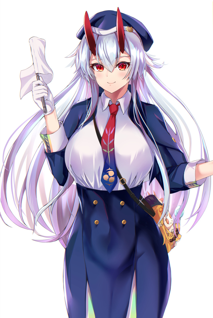 1girl absurdres blue_neckwear breasts collared_shirt fate/grand_order fate_(series) flag gloves gradient_neckwear heroic_spirit_festival_outfit highres holding holding_flag horns large_breasts long_hair necktie oni_horns red_eyes red_neckwear shirt silver_hair solo tomoe_(symbol) tomoe_gozen_(fate) white_gloves white_shirt yahan_(mctr5253)