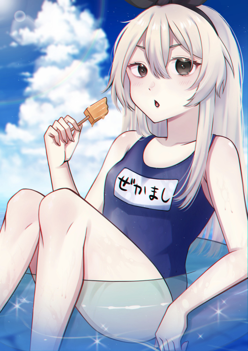 1girl absurdres alternate_costume black_hairband blonde_hair blue_sky blue_swimsuit breasts clouds day food grey_eyes hairband highres holding holding_food huge_filesize iwori_1412 kantai_collection long_hair name_tag one-piece_swimsuit outdoors popsicle school_swimsuit shimakaze_(kancolle) sky small_breasts solo swimsuit