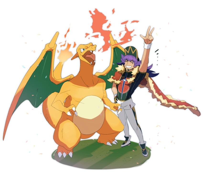 1boy arm_up bangs baseball_cap cape champion_uniform charizard claws closed_eyes dark-skinned_male dark_skin dynamax_band facial_hair fangs fire flame fur-trimmed_cape fur_trim gen_1_pokemon gloves grass grin hand_on_hip hat highres leggings leon_(pokemon) long_hair male_focus morio_(poke_orio) open_mouth pokemon pokemon_(creature) pokemon_(game) pokemon_swsh purple_hair red_cape shield_print shirt shoes short_shorts short_sleeves shorts single_glove smile standing sword_print tongue w white_legwear white_shorts white_wristband wristband