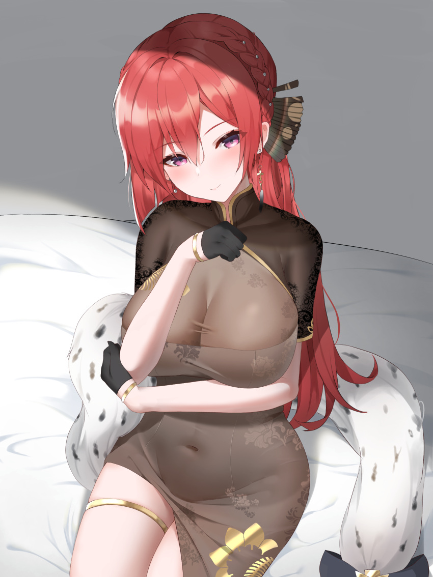 1girl absurdres arm_under_breasts azur_lane bangs black_gloves blush braid breasts china_dress chinese_clothes closed_mouth covered_navel dress eyebrows_visible_through_hair futon_fly_away gloves hair_ornament highres large_breasts long_hair monarch_(azur_lane) monarch_(black_qipao)_(azur_lane) redhead short_sleeves sitting smile solo thighlet violet_eyes