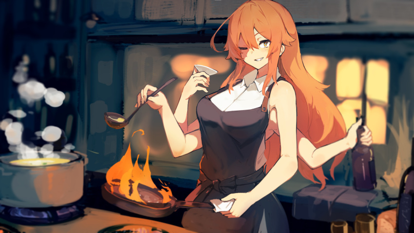 1girl alcohol apron bangs bare_arms bare_shoulders black_apron blurry blurry_background bottle breasts commentary_request commission cooking extra_arms fire flame frying_pan grin hair_between_eyes highres holding indoors kitchen lansane large_breasts long_hair looking_at_viewer one_eye_closed orange_hair original pot shirt skeb_commission smile solo white_shirt wine wine_bottle