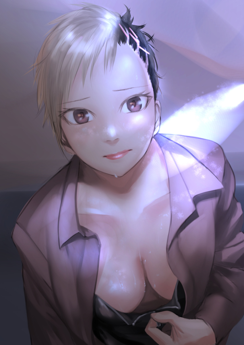 1girl blonde_hair brown_shirt buzz_cut closed_mouth highres kilye_kairi long_sleeves looking_at_viewer open_clothes open_shirt original pink_lips shirt short_hair solo upper_body very_short_hair wet