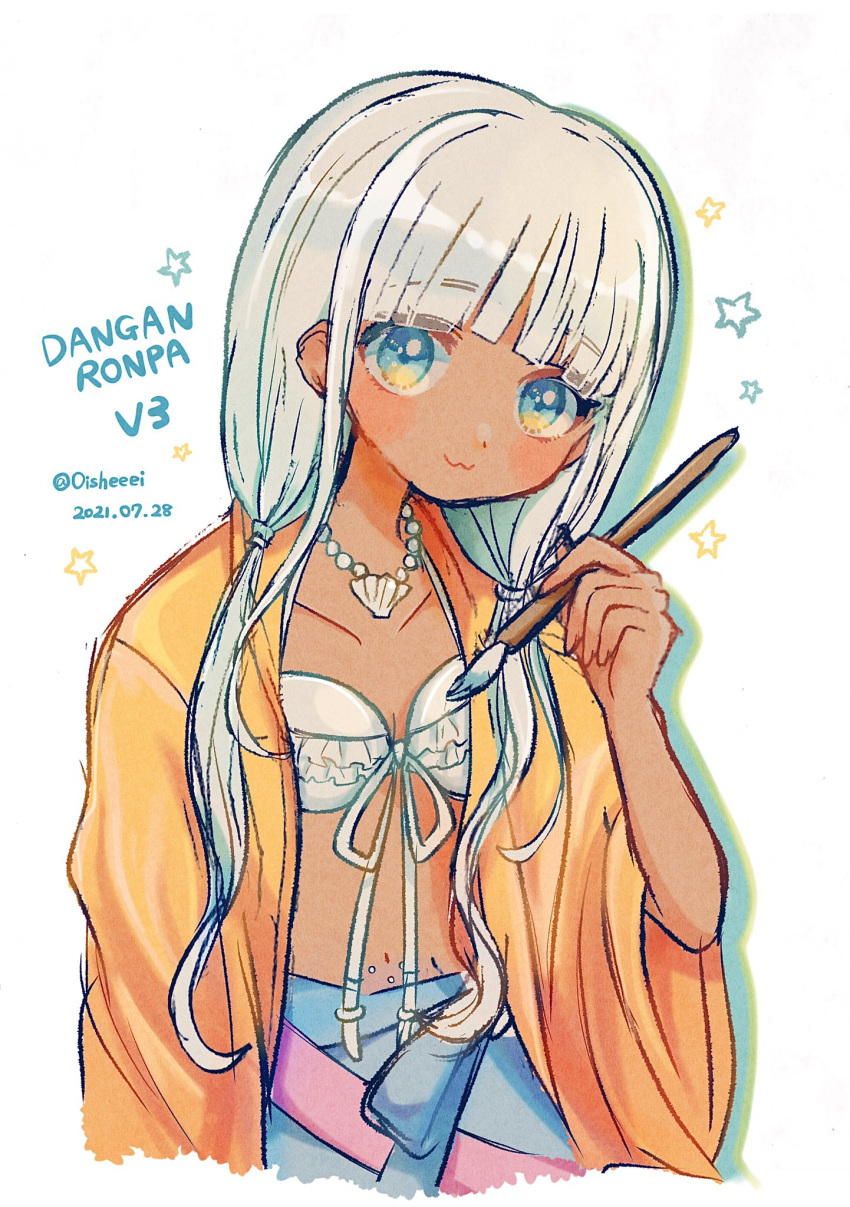 1girl :3 artist_name bangs bikini blue_skirt blunt_bangs blush breasts closed_mouth collarbone commentary_request copyright_name dangan_ronpa_(series) dangan_ronpa_v3:_killing_harmony dark-skinned_female dark_skin dated eyebrows_visible_through_hair front-tie_top hand_up highres holding holding_paintbrush jacket jewelry long_hair looking_at_viewer mameeekueya necklace orange_jacket paintbrush shell_necklace skirt solo swimsuit twintails twitter_username white_background white_bikini wide_sleeves yonaga_angie