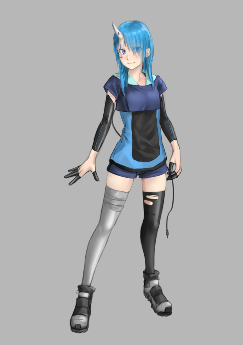 1girl ankle_boots asymmetrical_legwear black_footwear black_legwear blue_eyes blue_hair blue_shirt blue_shorts boots closed_mouth facial_mark full_body grey_background grey_legwear highres horns kilye_kairi looking_at_viewer mismatched_legwear oni original shirt short_shorts shorts simple_background single_horn smile solo standing thigh-highs torn_clothes torn_legwear