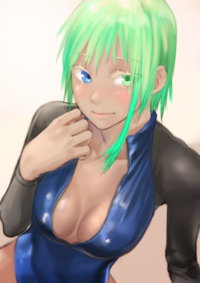 1girl blue_eyes blue_swimsuit blush breasts closed_mouth dark-skinned_female dark_skin fang fang_out front_zipper_swimsuit green_eyes green_hair hand_up heterochromia highres kilye_kairi large_breasts looking_at_viewer meme_attire one-piece_swimsuit original simple_background solo swimsuit tan white_background white_eyelashes