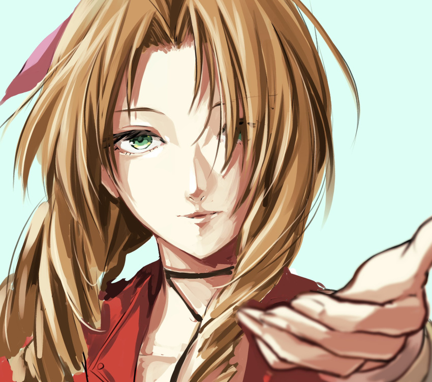 1girl black_ribbon blurry blurry_foreground bow brown_hair choker closed_mouth eyebrows_visible_through_hair final_fantasy final_fantasy_vii green_eyes hair_bow hair_intakes hair_over_one_eye highres igusaharu jacket long_hair looking_at_viewer open_clothes open_jacket pink_bow portrait reaching_out red_jacket ribbon ribbon_choker smile solo tifa_lockhart