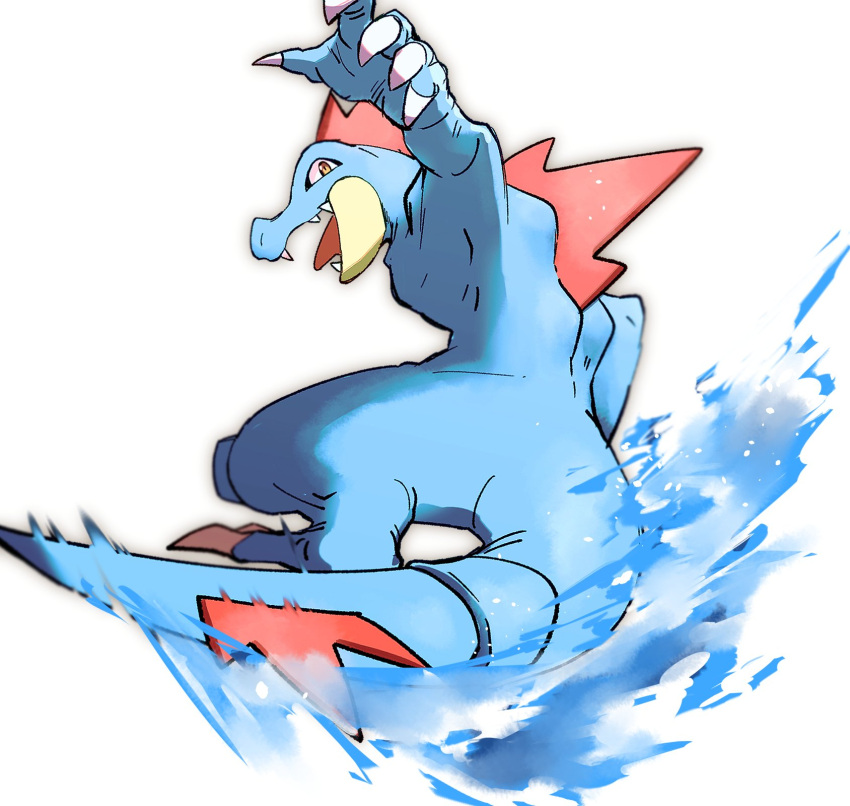 blurry claws fangs feraligatr from_behind gen_2_pokemon highres looking_back morio_(poke_orio) motion_blur no_humans open_mouth orange_eyes pokemon pokemon_(creature) solo standing tongue water