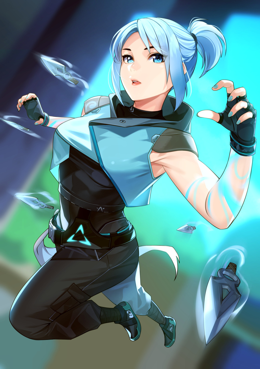 1girl absurdres armpits blue_eyes blue_hair blurry blurry_background fingerless_gloves gloves highres jett_(valorant) kagematsuri knife light_blue_hair nail_polish ninja open_mouth solo upper_teeth valorant