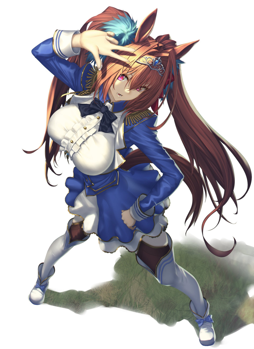 1girl absurdres animal_ears bangs breasts brown_hair center_frills daiwa_scarlet_(umamusume) epaulettes frills hair_intakes highres horse_ears horse_girl horse_tail kawanakajima large_breasts layered_legwear long_hair long_sleeves looking_at_viewer open_mouth red_eyes solo tail thigh-highs tiara twintails umamusume underbust very_long_hair