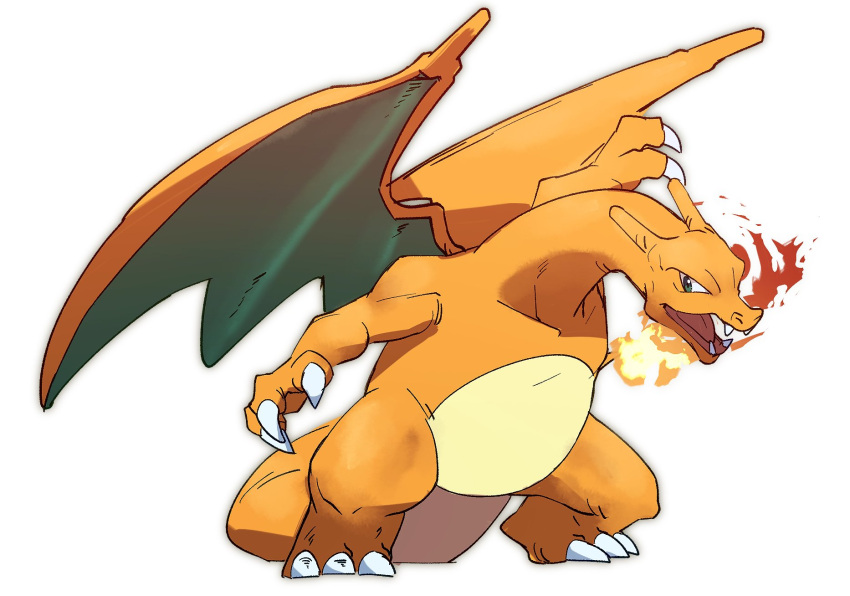 breathing_fire charizard claws fangs fire flame full_body gen_1_pokemon green_eyes highres legs_apart looking_to_the_side morio_(poke_orio) no_humans open_mouth pokemon pokemon_(creature) simple_background solo standing tongue white_background