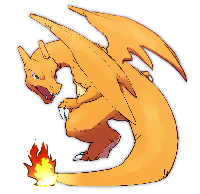 blurry charizard claws fangs fire flame full_body gen_1_pokemon green_eyes highres looking_back morio_(poke_orio) no_humans open_mouth pokemon pokemon_(creature) simple_background solo tongue white_background