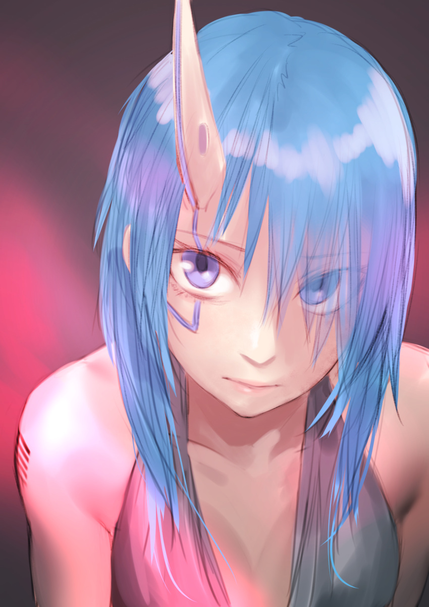 1girl bare_shoulders blue_eyes blue_hair closed_mouth dress facial_mark grey_dress heterochromia highres horns kilye_kairi long_hair looking_at_viewer original shoulder_tattoo single_horn skin-covered_horns solo tattoo violet_eyes