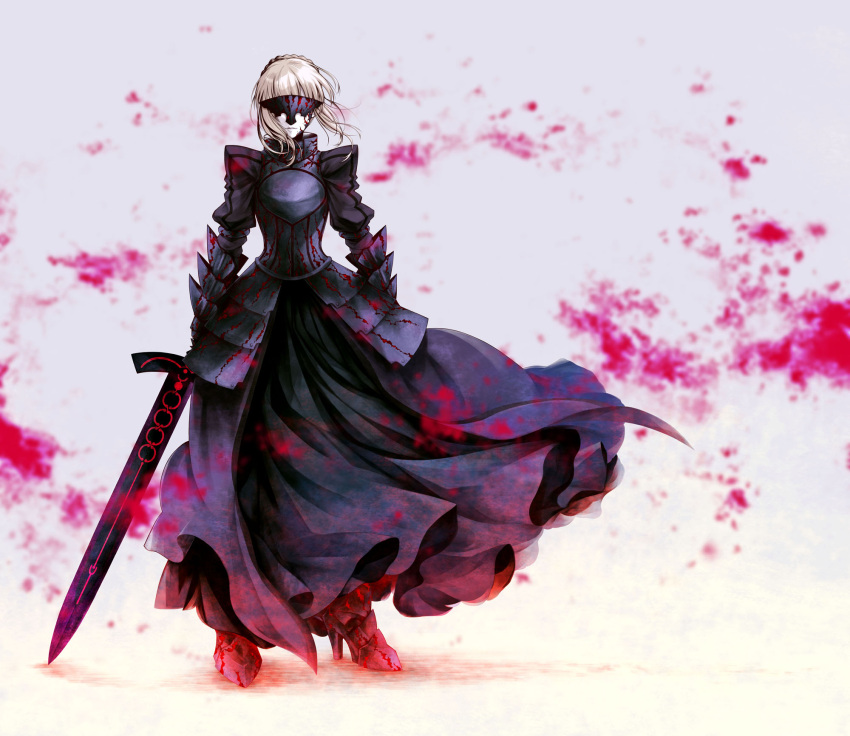 1girl armor armored_boots armored_dress artoria_pendragon_(all) black_dress blurry blurry_background boots braid dress excalibur_morgan_(fate) facing_viewer fate/stay_night fate_(series) floating_hair full_body gauntlets grey_background high_heel_boots high_heels highres holding holding_sword holding_weapon medium_hair no_mae_(mikakatachi) parted_lips saber_alter silver_hair solo standing sword weapon