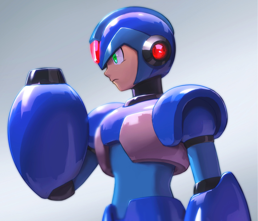 1boy android arm_at_side arm_cannon armor blue_bodysuit blue_headwear bodysuit closed_mouth commentary_request from_side gradient gradient_background green_eyes grey_background hand_up helmet highres hoshi_mikan male_focus mega_man_(series) mega_man_x_(character) mega_man_x_(series) profile robot_ears serious simple_background solo upper_body weapon