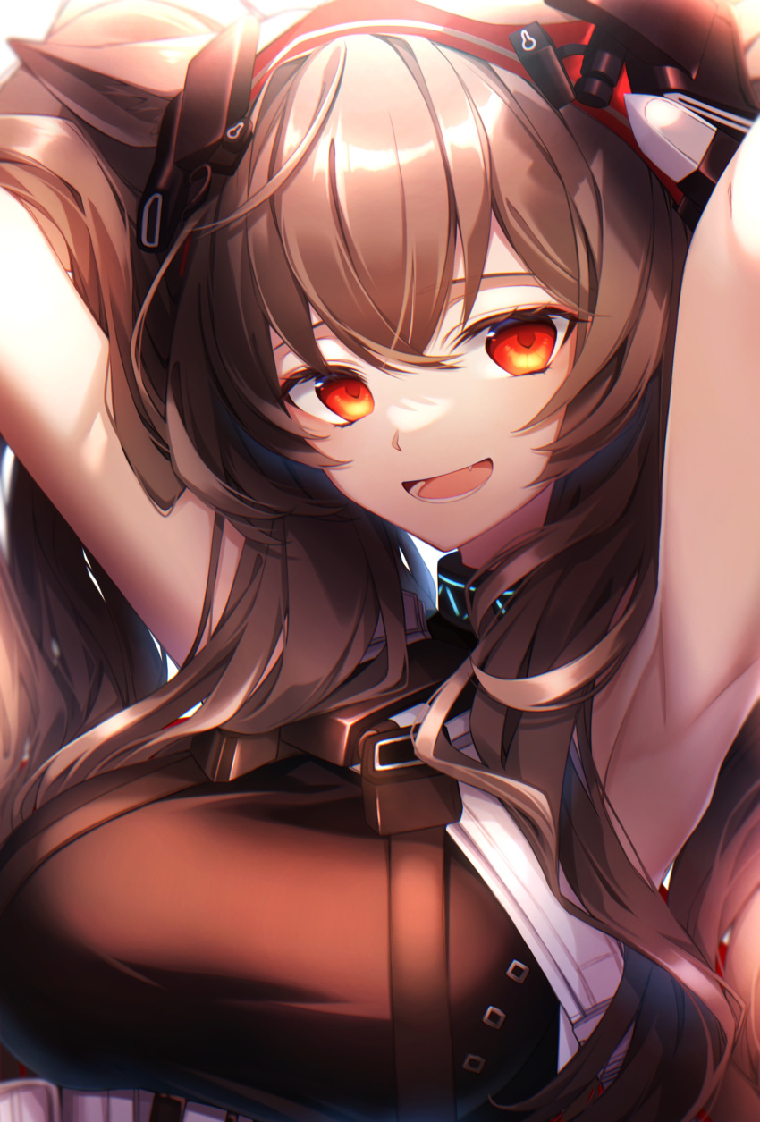 1girl absurdres angelina_(arknights) animal_ears arknights armpits breasts brown_hair fang highres hk_nnm infection_monitor_(arknights) long_hair looking_at_viewer medium_breasts open_mouth red_eyes smile solo teeth upper_body