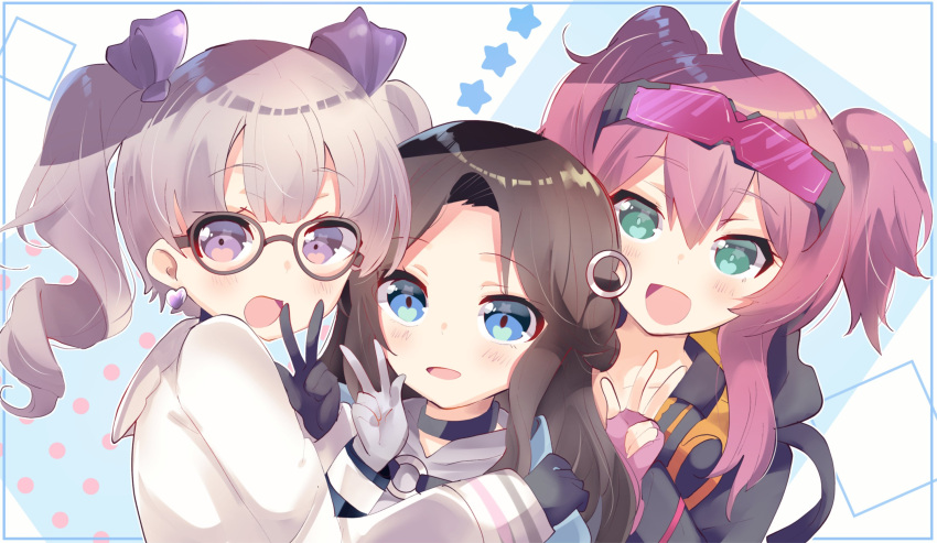 armband bangs bow drill_hair fingerless_gloves glasses gloves group_picture haruna_swift headphones heavenrend highres jewelry juliet_winters km0d0 nhshio ring smile star_(symbol) twintails virtual_youtuber visor