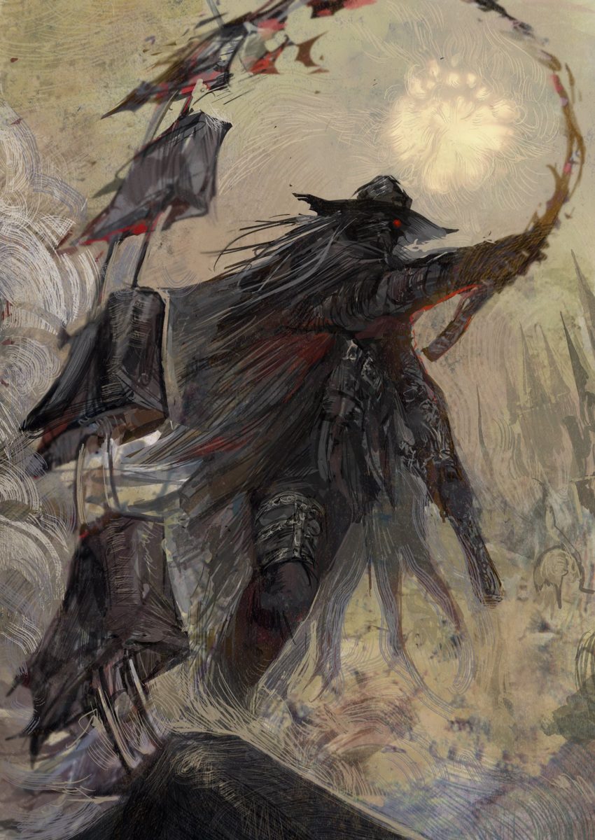 1other ambiguous_gender armor black_pants blood bloodborne commentary_request glowing glowing_eye grass grey_hair gun hat highres holding holding_gun holding_weapon long_hair nira_(nira_box) pants red_eyes solo standing sword very_long_hair weapon