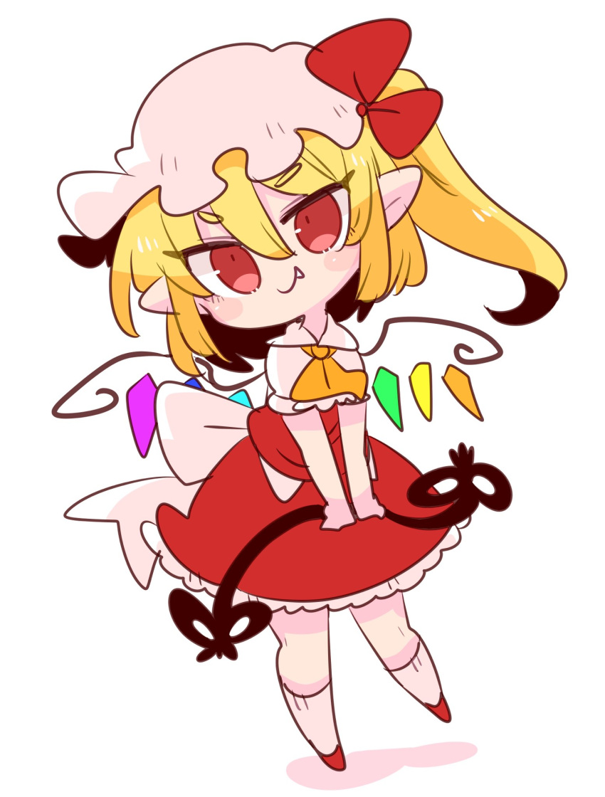 1girl ascot blonde_hair bow crystal fang flandre_scarlet frilled_shirt frilled_shirt_collar frilled_skirt frilled_sleeves frills hat hat_ribbon highres laevatein medium_hair mob_cap one_side_up op_na_yarou puffy_short_sleeves puffy_sleeves red_bow red_eyes red_ribbon red_skirt red_vest ribbon shirt short_hair short_sleeves side_ponytail simple_background skirt skirt_set smile touhou vest white_background white_shirt wings yellow_neckwear