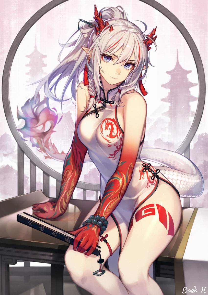 1girl absurdres arknights baek_hyang breasts china_dress chinese_clothes dress highres horns looking_at_viewer medium_breasts nian_(arknights) red_horns solo white_dress