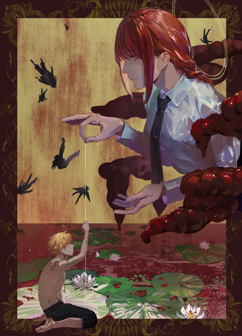 1boy 1girl absurdres bangs black_neckwear black_pants blonde_hair blood braid braided_ponytail breasts chainsaw_man collared_shirt commentary_request denji_(chainsaw_man) falling flower giant giantess gushiko_(rhty_5780) highres holding_string huge_filesize lily_pad long_hair long_sleeves lotus makima_(chainsaw_man) medium_breasts necktie open_mouth pants pool_of_blood power_(chainsaw_man) rain raining_blood red_eyes redhead ringed_eyes shirt short_hair sidelocks sitting smile wariza white_shirt yellow_eyes