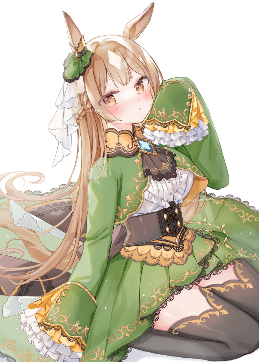 1girl animal_ears bangs black_legwear blush brown_eyes brown_hair center_frills closed_mouth commentary_request eyebrows_visible_through_hair frills green_jacket green_skirt hand_up highres horse_ears horse_girl horse_tail jacket long_hair long_sleeves looking_at_viewer moko_(mokochisa) pleated_skirt satono_diamond shirt skirt sleeves_past_fingers sleeves_past_wrists solo tail thigh-highs umamusume very_long_hair white_background white_shirt