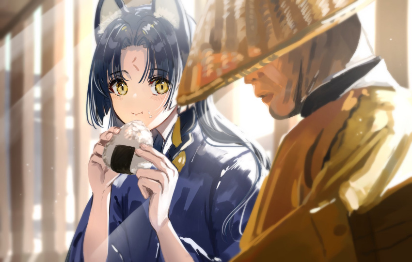 1girl animal_ears arknights bangs black_hair blush dog_ears dog_girl eating food food_on_face hat highres holding holding_food japanese_clothes kimono long_hair monk nanaponi old onigiri parted_bangs rice rice_hat rice_on_face yellow_eyes