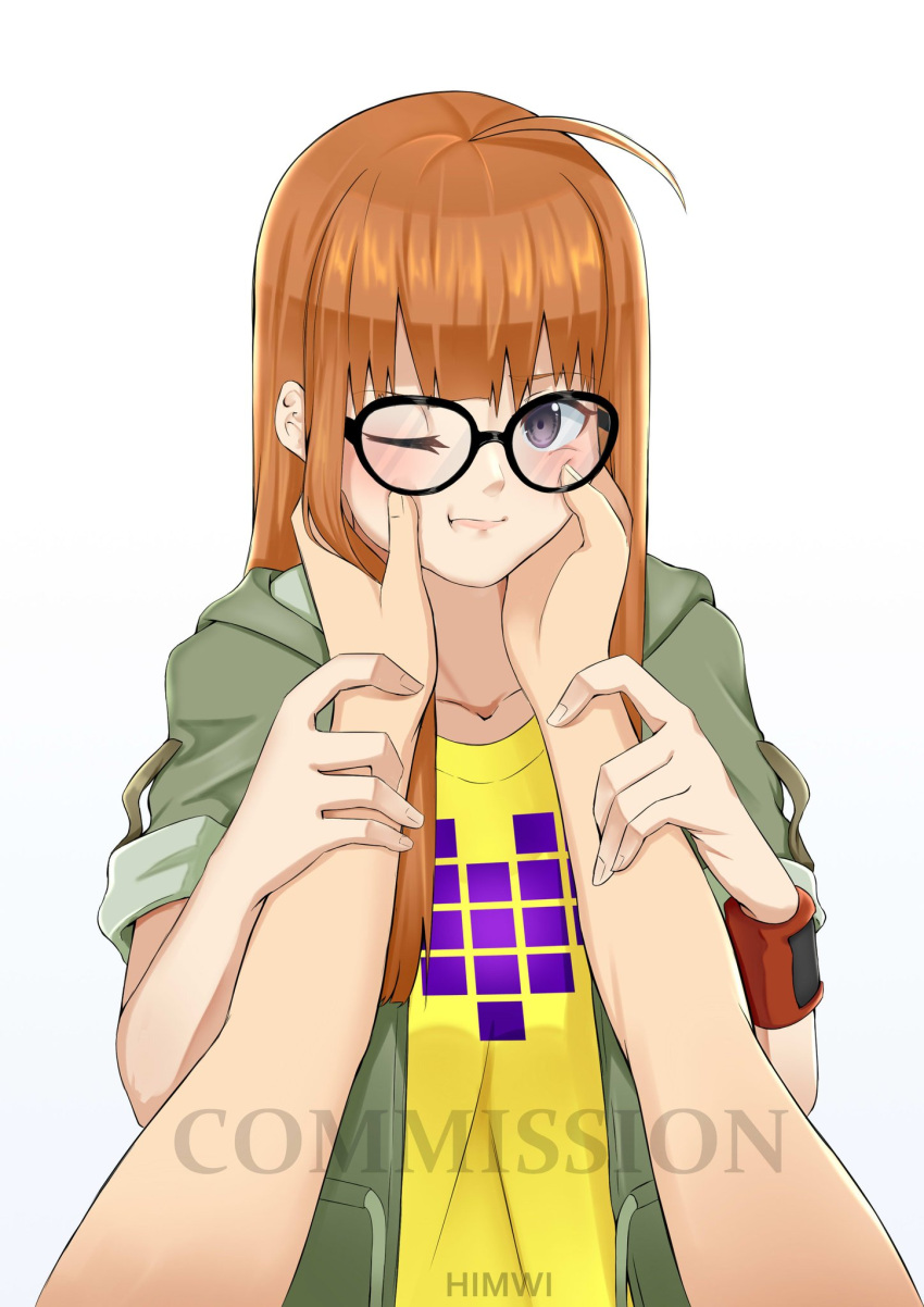 1girl ahoge arm_grab arms_up bangs blunt_bangs blush cheek_pinching cheek_squash coat commission commissioner_upload glasses gradient gradient_background green_coat hands_on_another's_arms hands_on_another's_cheeks hands_on_another's_face hands_up heart highres hime_cut himwi holding_another's_arm long_hair one_eye_closed orange_hair persona persona_5 persona_5_scramble:_the_phantom_strikers pinching pixel_heart pov pov_hands sakura_futaba shirt short_sleeves simple_background sleeves_rolled_up solo_focus t-shirt violet_eyes watermark white_background yellow_shirt
