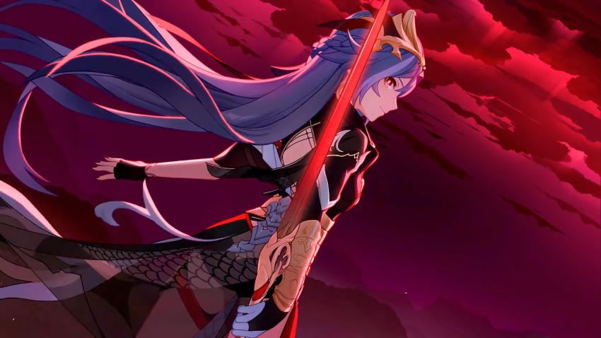 1girl asymmetrical_gloves asymmetrical_sleeves back bangs black_gloves chinese_clothes closed_mouth clouds cloudy_sky fingerless_gloves fu_hua fu_hua_(herrscher_of_sentience) gloves grey_hair hair_between_eyes hair_ornament highres holding holding_polearm holding_spear holding_weapon honkai_(series) honkai_impact_3rd looking_at_viewer mismatched_gloves multicolored_hair official_art outdoors polearm red_eyes red_sky sky smile solo spear streaked_hair uneven_sleeves weapon white_gloves