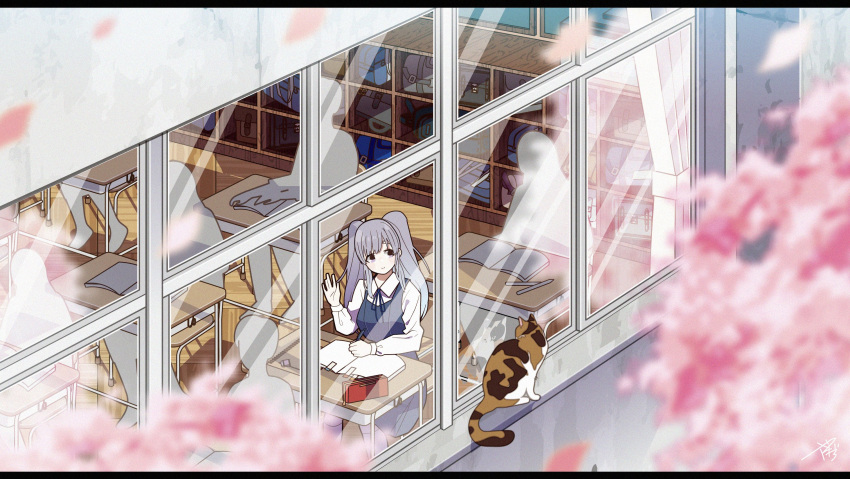 1girl blue_dress blurry blurry_foreground cat chair cherry_blossoms classroom desk dress from_outside grey_hair highres idolmaster idolmaster_shiny_colors letterboxed long_hair long_sleeves looking_out_window looking_outside pinafore_dress school_desk sitting twintails violet_eyes waving window writing yadokugaeru yuukoku_kiriko