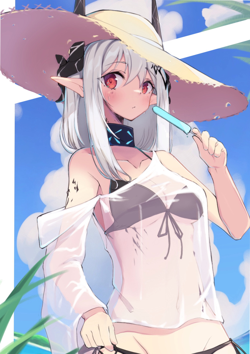 1girl absurdres alternate_costume arknights bangs bare_shoulders bikini black_bikini blush demon_girl demon_horns food hat highres horns horns_through_headwear infection_monitor_(arknights) long_hair matchadzuke mudrock_(arknights) oripathy_lesion_(arknights) pointy_ears popsicle red_eyes straw_hat sweat swimsuit