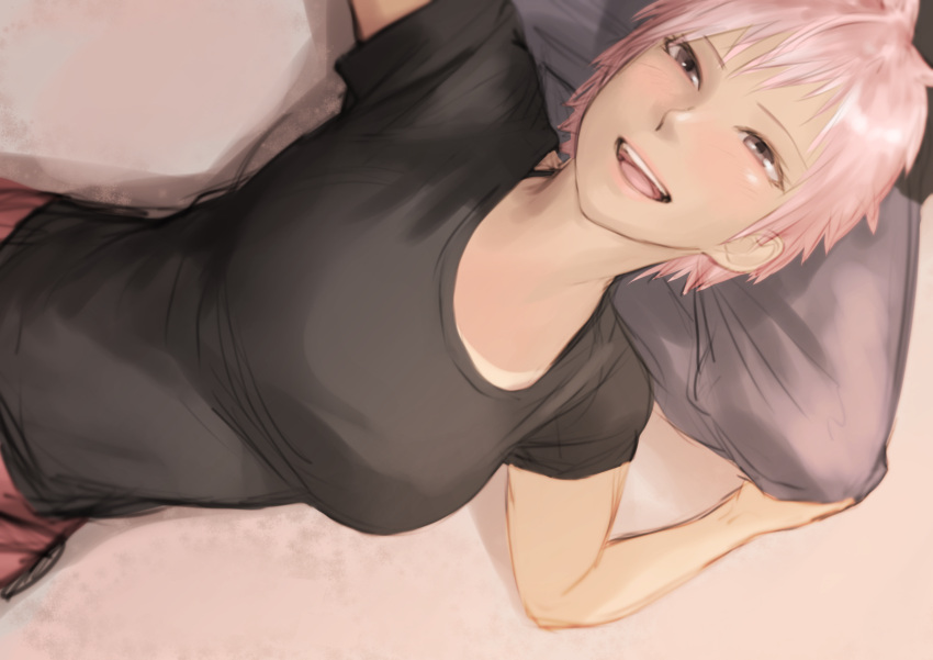 1girl :d black_shirt blush breasts brown_eyes from_above highres kilye_kairi large_breasts laughing looking_at_viewer lying on_back open_mouth original pillow pink_hair shirt short_sleeves smile solo