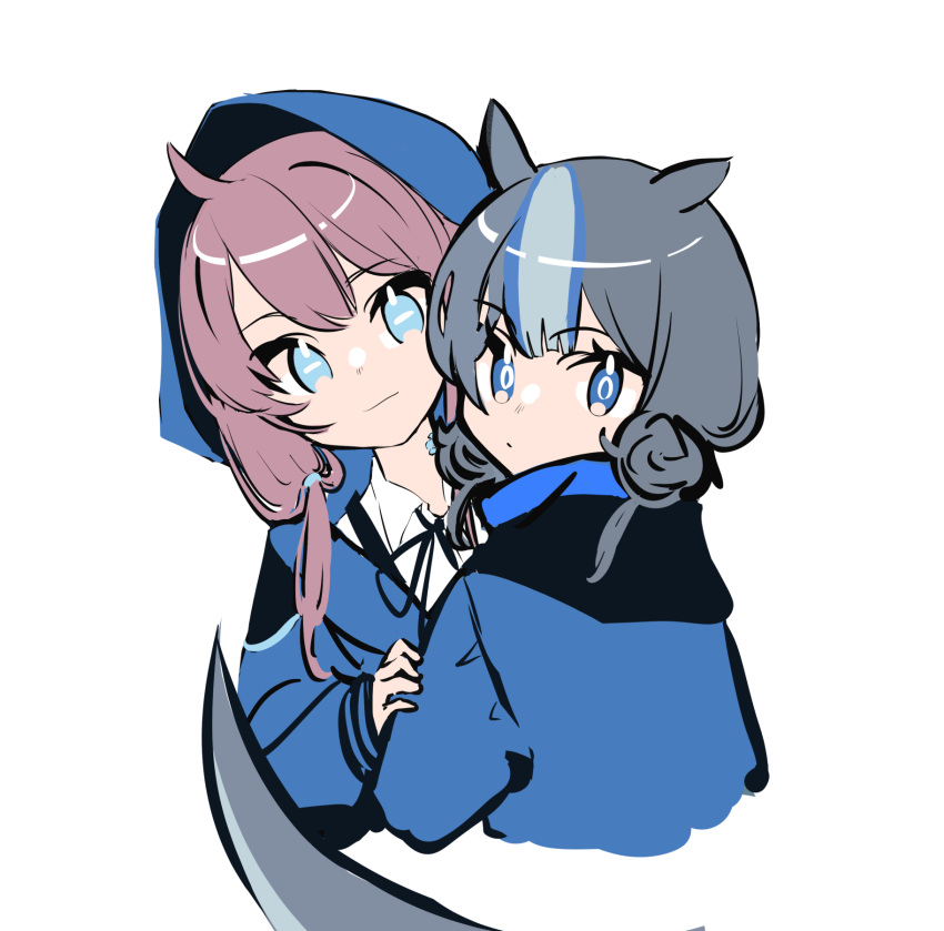 2girls animal_ears arknights bangs blue_eyes blue_hair blue_jacket blue_poison_(arknights) bolo_tie closed_mouth double_bun eyebrows_visible_through_hair glaucus_(arknights) hand_on_another's_arm highres hood hood_up hooded_jacket jacket low_twintails multicolored_hair multiple_girls open_clothes open_jacket pink_hair shirt streaked_hair tail tetuw twintails white_shirt