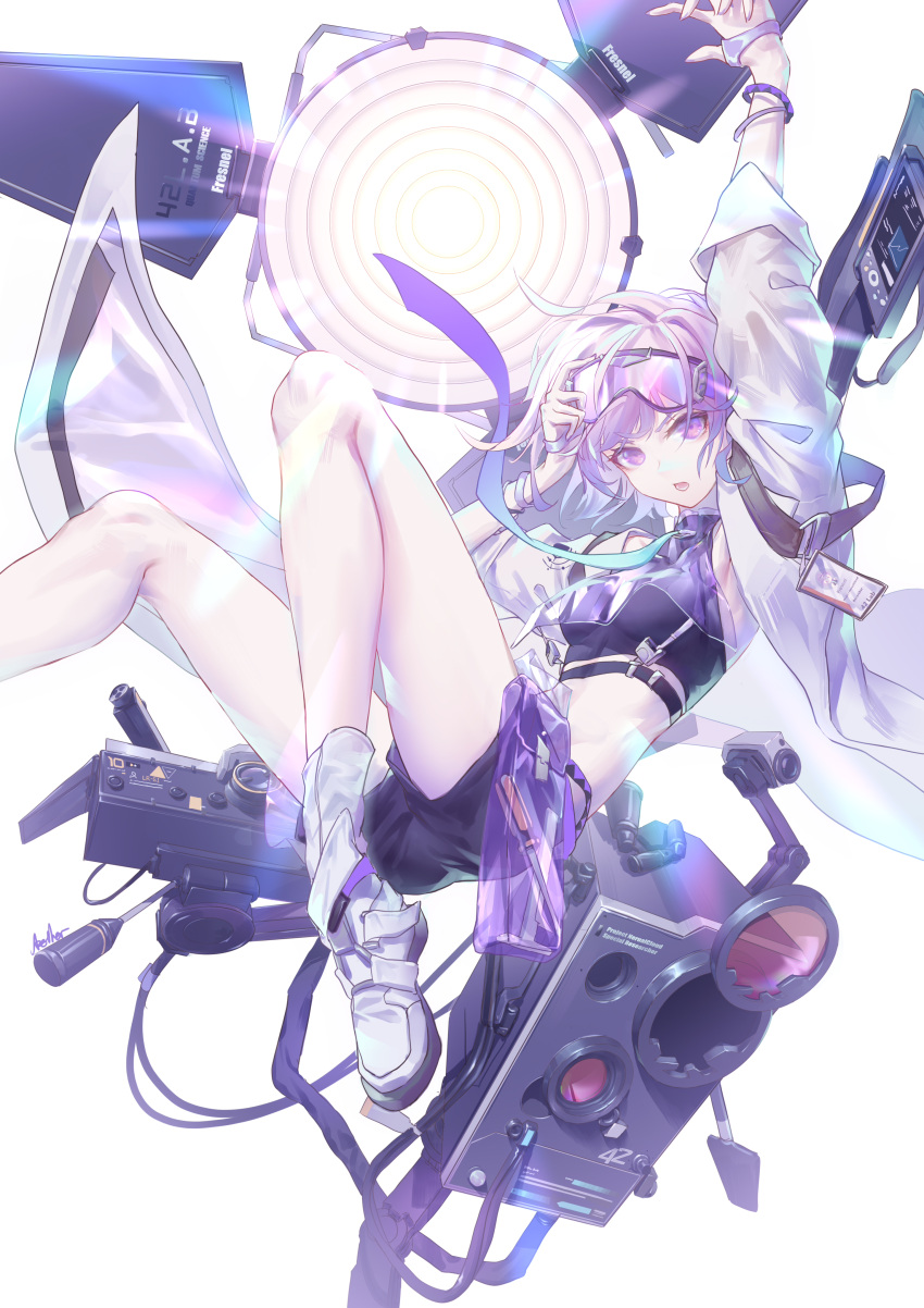 1girl absurdres adjusting_goggles commentary_request crop_top fagun_yibei fresnel_(girls_frontline_nc) girls_frontline girls_frontline_neural_cloud goggles goggles_on_head gradient_neckwear highres id_card legs lights looking_at_viewer midriff open_mouth purple_hair shoes short_hair shorts solo violet_eyes white_background