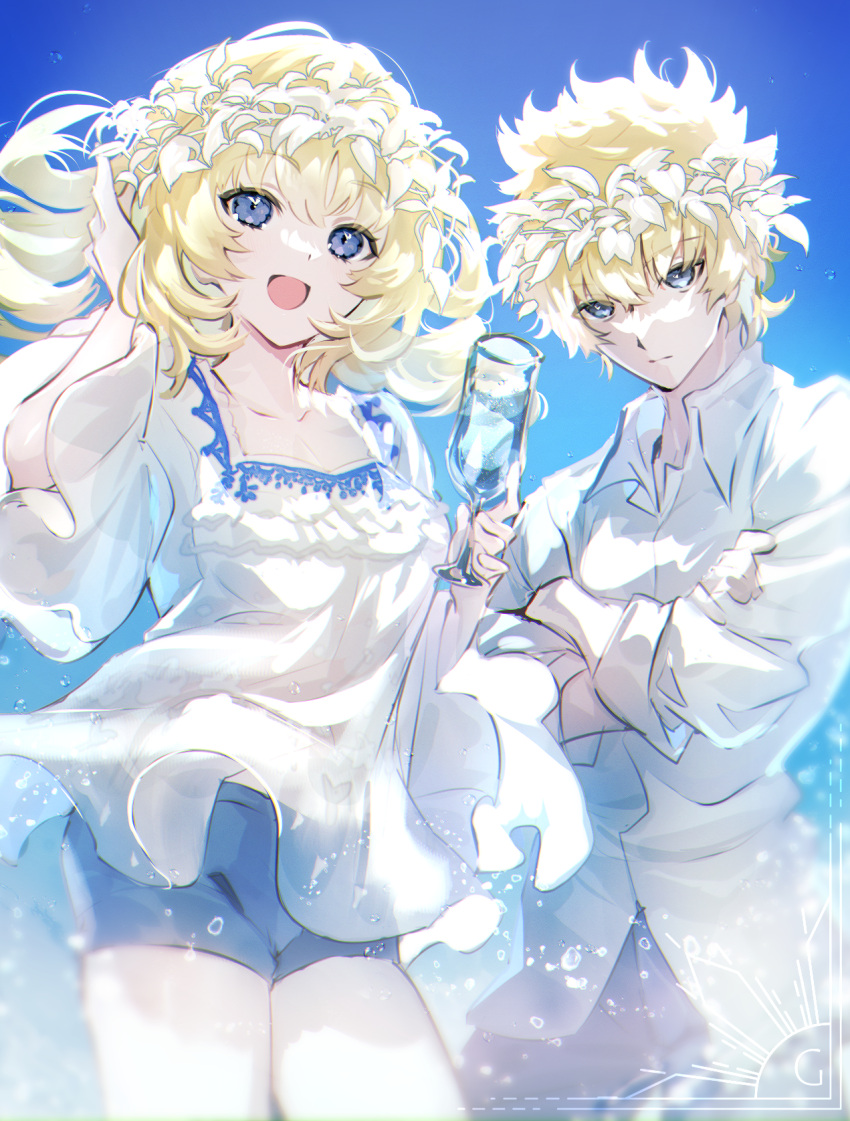 1boy 1girl bangs blonde_hair blue_eyes blush breasts brother_and_sister castor_(fate) fate/grand_order fate_(series) galibo heroic_spirit_tour_outfit highres long_sleeves looking_at_viewer medium_breasts medium_hair open_mouth pollux_(fate) short_hair siblings smile twins