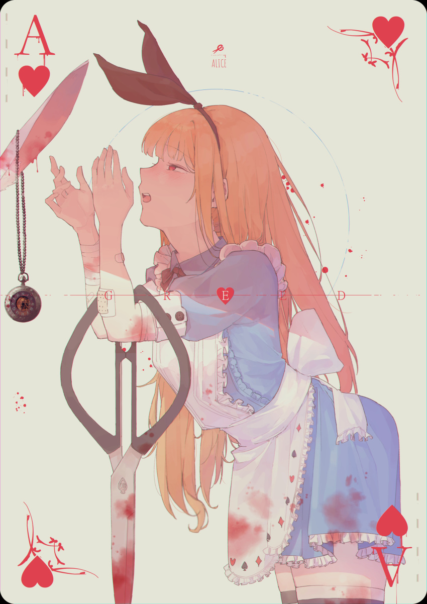 1girl absurdres ace_of_hearts alice_(alice_in_wonderland) alice_in_wonderland animal_ears apron bandaged_arm bandages bangs black_hairband blonde_hair blood blood_splatter bloody_bandages bloody_clothes bloody_scissors blue_dress bow_hairband card character_name commentary_request cowboy_shot dress eyebrows_visible_through_hair from_side green_background hairband hands_up hayoou02 heart highres jewelry korean_commentary leaning_forward long_hair maid_apron necklace open_mouth playing_card profile rabbit_ears red_eyes scissors short_sleeves simple_background solo thigh-highs upper_teeth