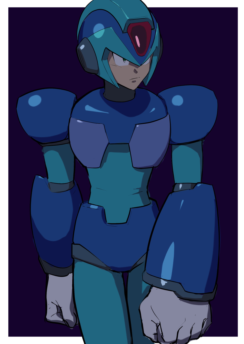 1boy absurdres android armor arms_at_sides blue_bodysuit blue_headwear bodysuit border closed_mouth commentary_request frown gloves green_eyes helmet highres hoshi_mikan looking_to_the_side male_focus mega_man_(series) mega_man_x_(character) mega_man_x_(series) outside_border purple_background robot_ears serious solo standing white_border white_gloves