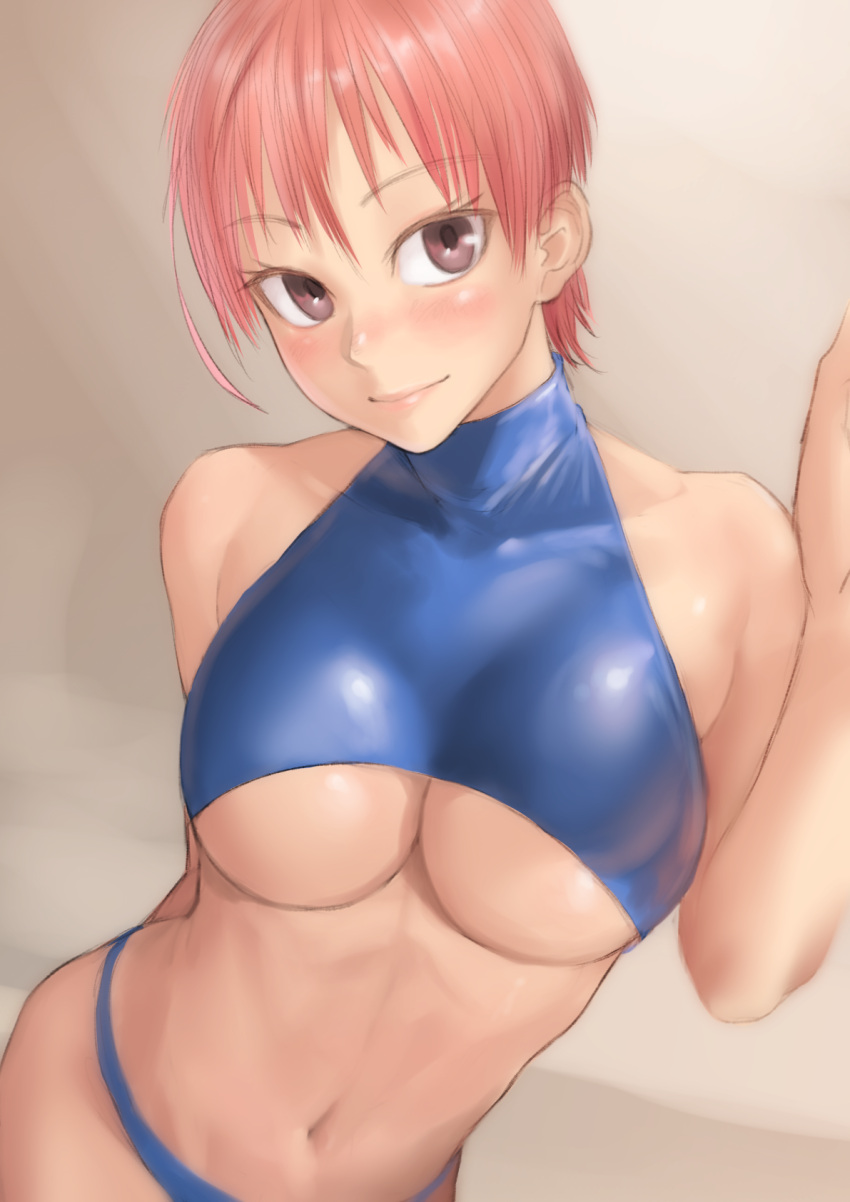 1girl bare_arms bare_shoulders bikini blue_bikini blush breasts brown_eyes closed_mouth contrapposto grey_background highres kilye_kairi large_breasts looking_at_viewer navel original pink_hair short_hair smile solo swimsuit under_boob