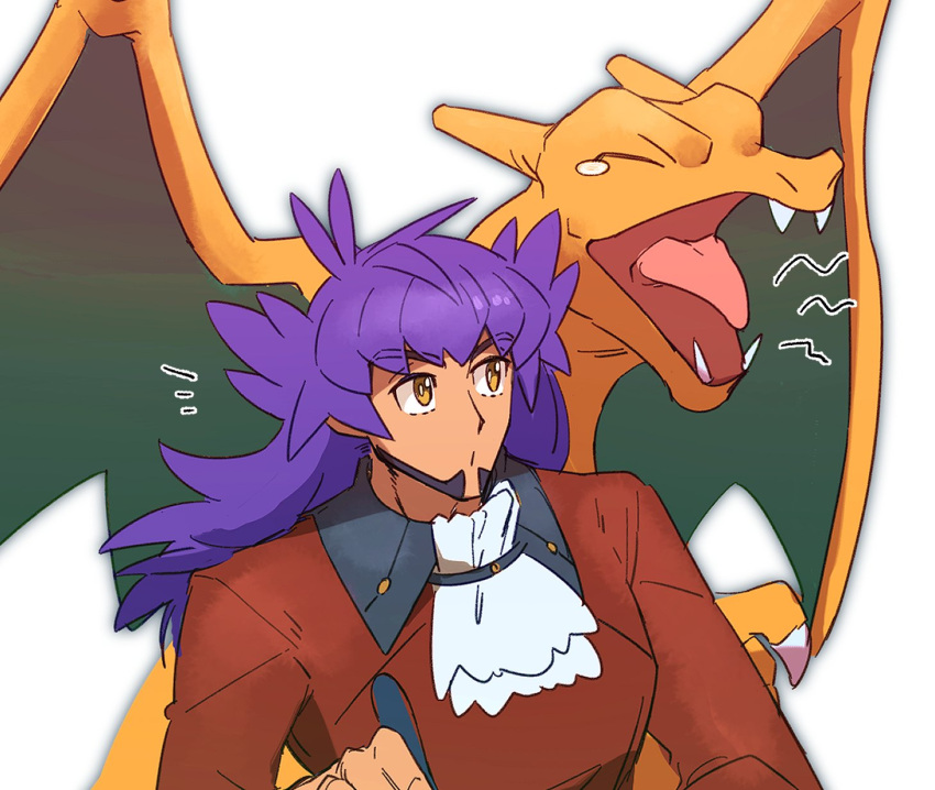 1boy bangs bright_pupils charizard closed_eyes closed_mouth commentary cravat dark-skinned_male dark_skin eyebrows_visible_through_hair facial_hair fangs gen_1_pokemon highres leon_(pokemon) long_hair male_focus morio_(poke_orio) notice_lines open_mouth pokemon pokemon_(creature) pokemon_(game) pokemon_swsh purple_hair sketch tailcoat tearing_up tongue white_background white_neckwear white_pupils yawning yellow_eyes